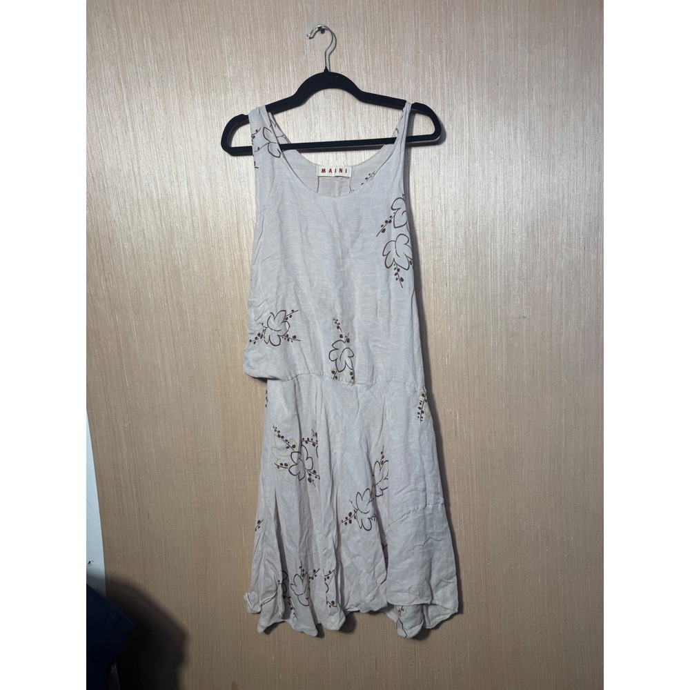 Marni Beige Linen Floral Sleeveless Asymmetrical Draped Crepe Midi Dress Women